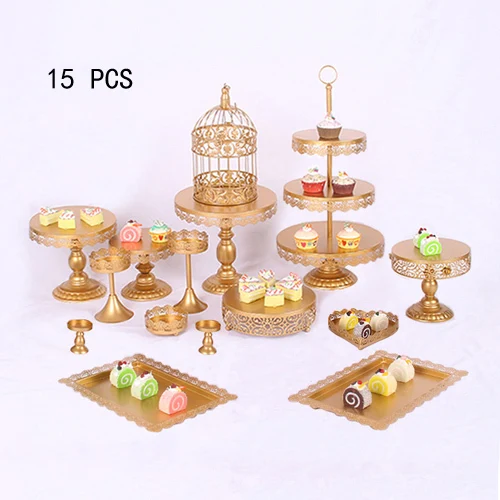 15pcs gold Белые подставки от кашля, свадебные подставки для кексов, набор стеклянных купольных хрустальных конфет, украшения, инструменты для выпечки от кашля, Набор 4-18 штук - Цвет: 15pcs gold