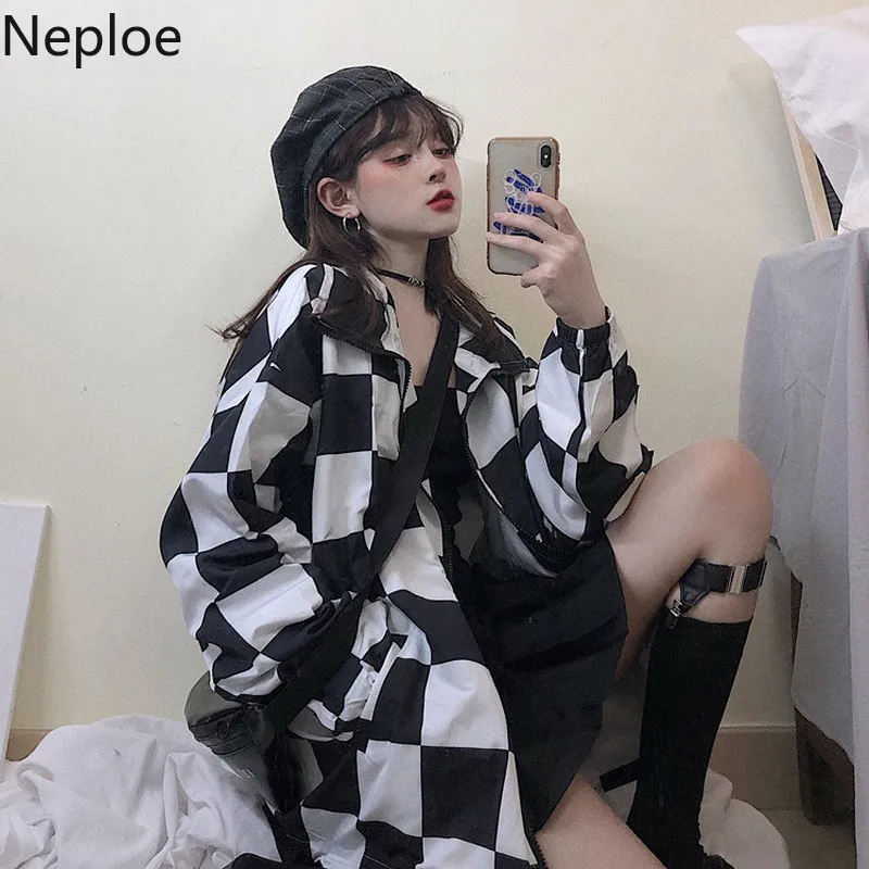 Осенняя свободная клетчатая куртка для влюбленных Neploe повседневная одежда с