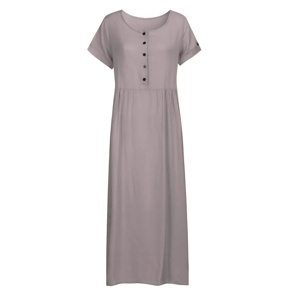 Платье женское льняное однотонное с коротким рукавом длинный сарафан свободного