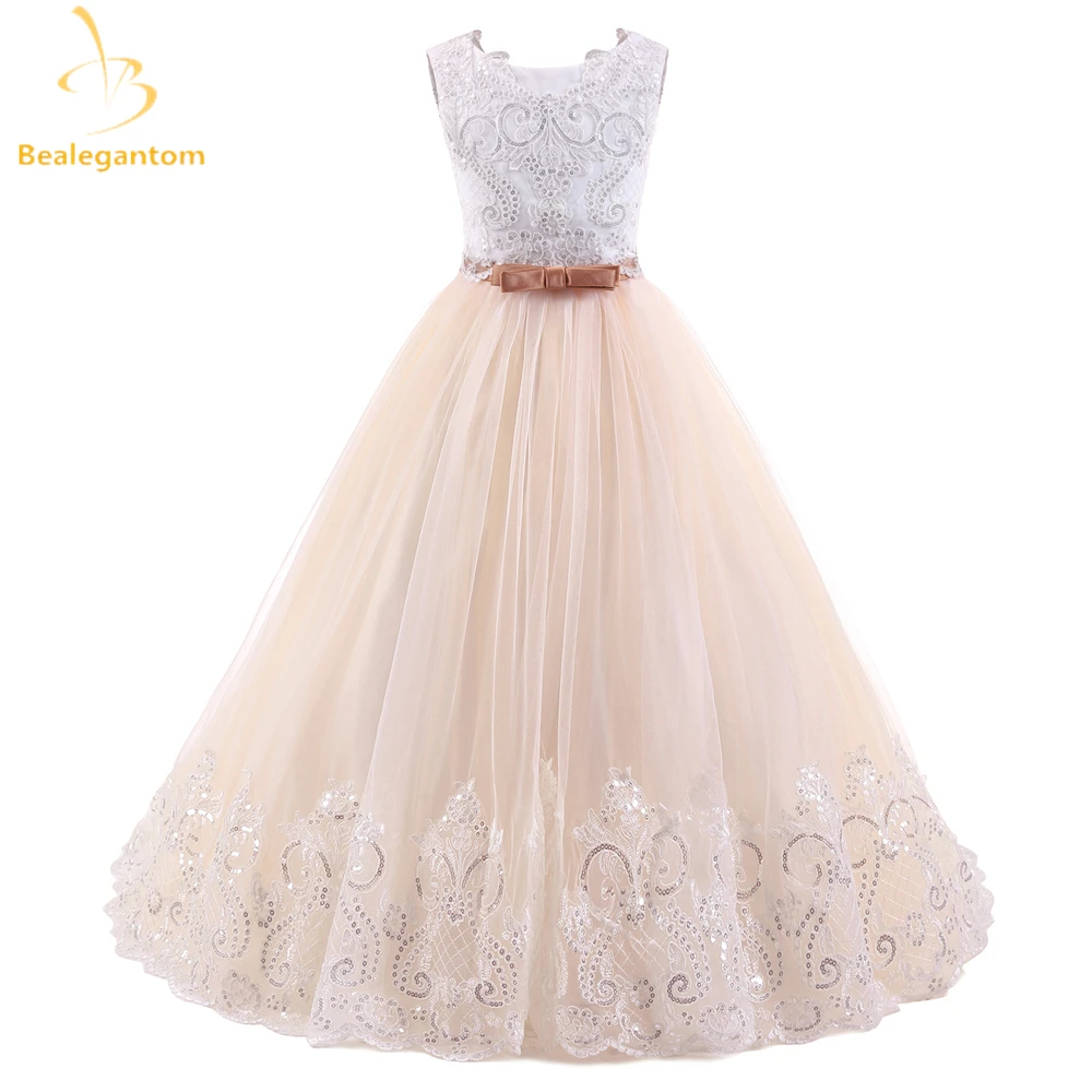 

2019 New Tulle A-Line Flower Girl Dresses With Bow Appliques Sequined Princess Pageant Gown Vestidos De Comunion Gown QA1216