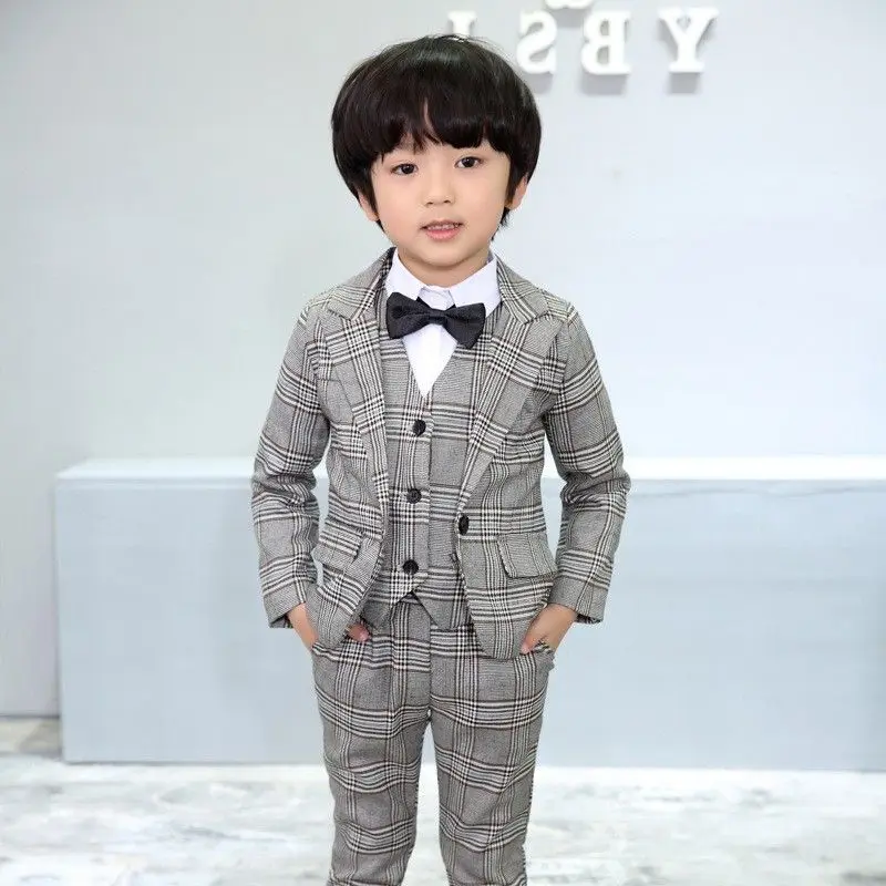 New Kids Boys 3PCS Formal Plaid Wedding Suit Kids England Style Blazer+Pant+Waistcoat Suit for Boys Kids Party Costume