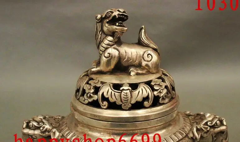 Chinese Silver Bat Beast Lion Head Longevity God Statue Incense Burner Censer | Дом и сад