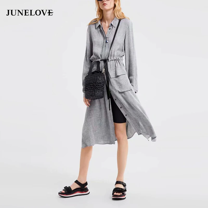 Платье рубашка JuneLove женское с длинным рукавом винтажное эластичное повседневное