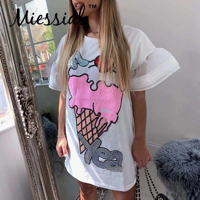 Miessial/белая футболка с рисунком и блестками мини-платье для женщин Сезон Зима