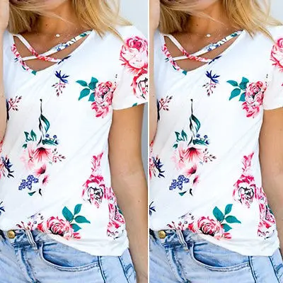 

UK Womens Floral Printed Blouse Summer Short Sleeve Ladies Casual Shirt Tops Ladies Women Flower Blouses Clothing