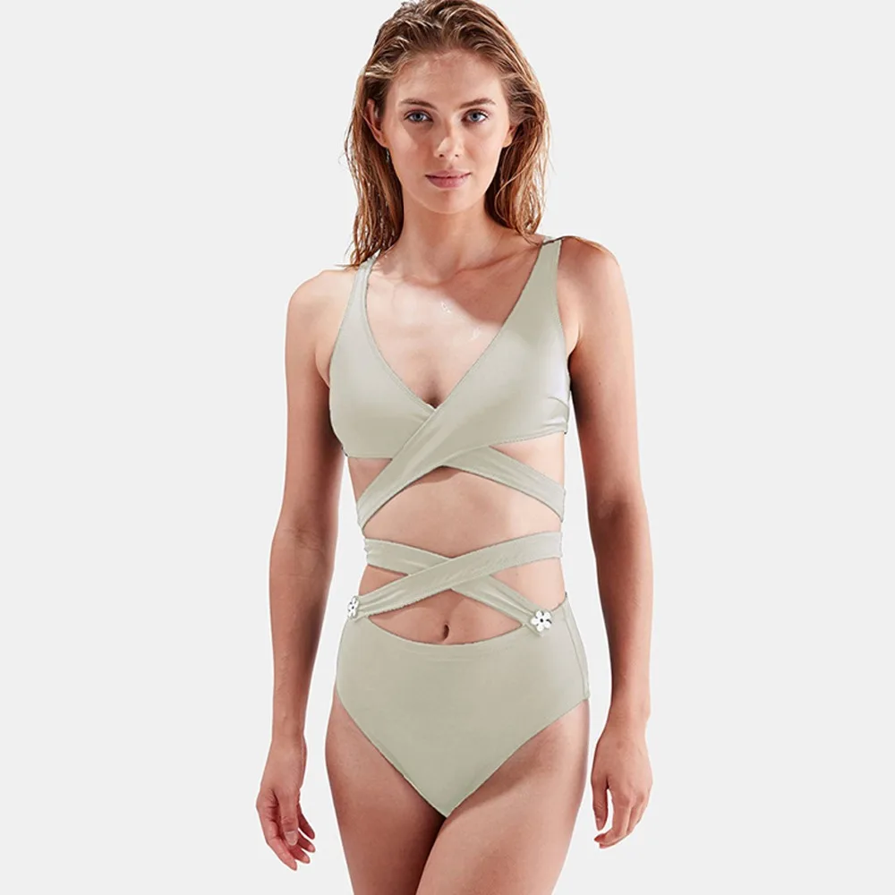 Cross Bandage Bikini Women Swimsuit Solid Color Bathing Suit High Waist Swimwear Girl Padded Bathing Suit Bikini Set Bodysuit