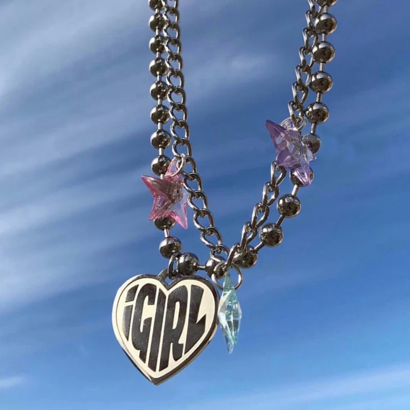 Винтаж 90s Igirl сердце кулон ожерелье серебряная цепь Harajuku женское ожерелье с буквами из нержавеющей стали бусины в стиле панк чокер в подарок