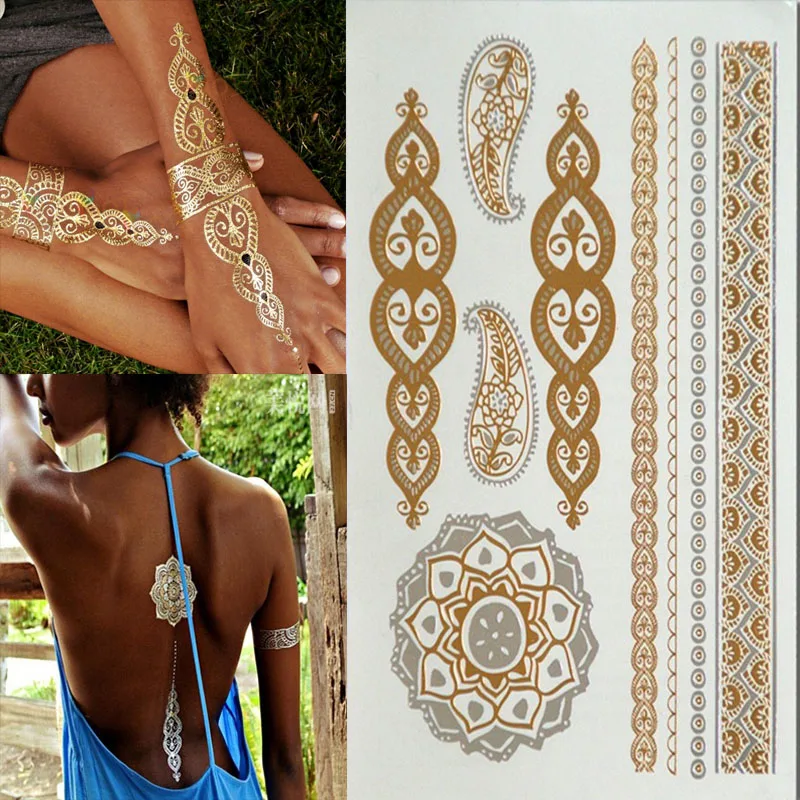 Горячие Временные Татуировки золотые татуировки флэш-татуировки металлические