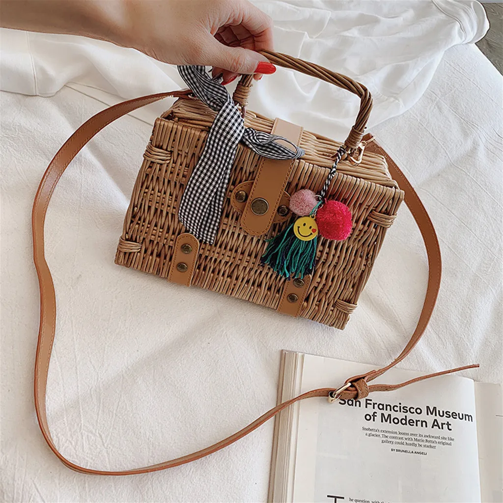 Сумки женские пляжные с кисточками улыбка бамбуковая корзина ведро квадратный почтальон taschen женские сумки masculina sac femme sac основной femme
