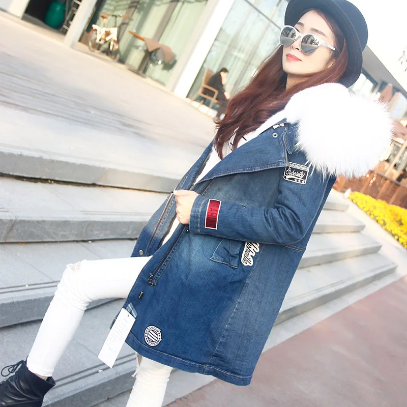 Женская зимняя парка меховая куртка длинное модное джинсовое пальто толстая