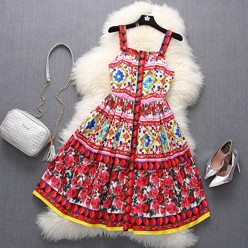 [Alphalmoda] Женская изящная роза печатных бальное платье Высокая талия однобортный