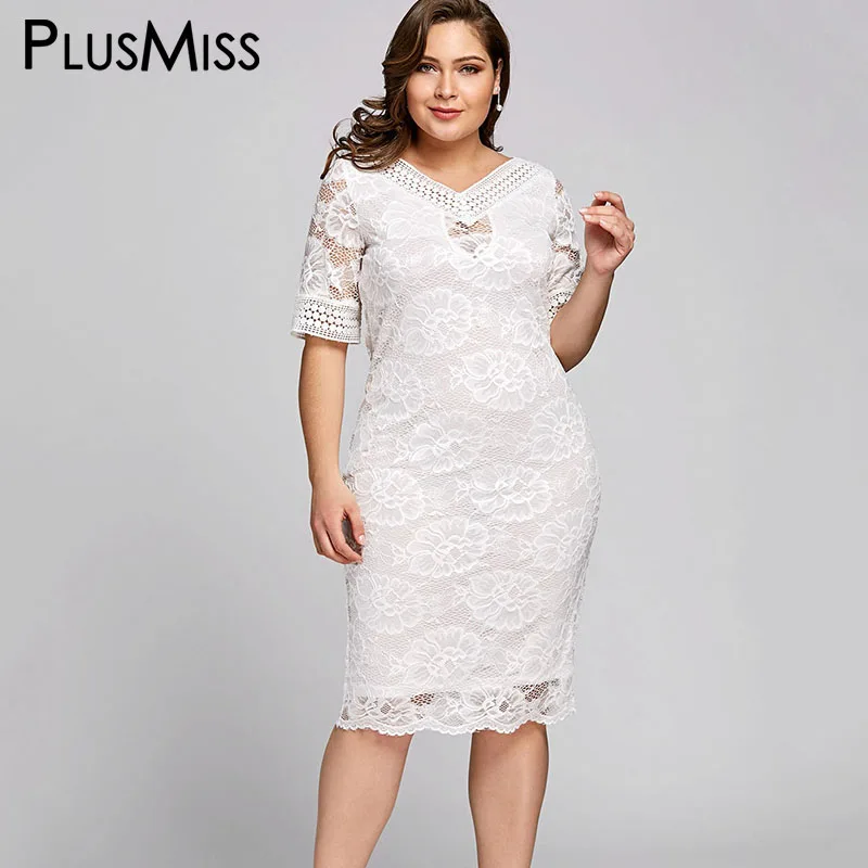 PlusMiss плюс размеры 5XL белый вязаный крючком миди платье Женская одежда большой