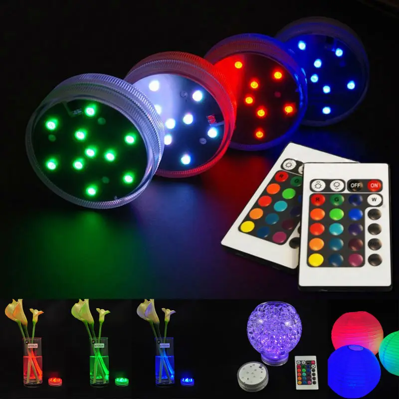 

(100pcs/lot) 3AAA Battery Operated Super Bright Multicolor RGB LED Waterproof Submersible Party Light Base with Remote Control