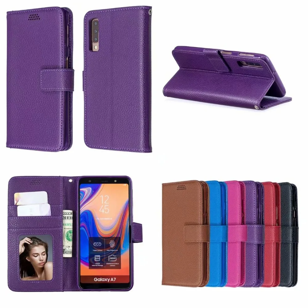

100pcs/lot Double Fold Lychee Leather PU+TPU Cover Case with Stand for Samsung M20 J4 J6 Plus J8 A8 A7 A9 2018 A6s
