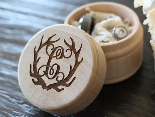 

custom Antler monogram Engraved Wood rustic Wedding Couples Ring keepsake bearer Boxes engagement party favors Gift for Couples