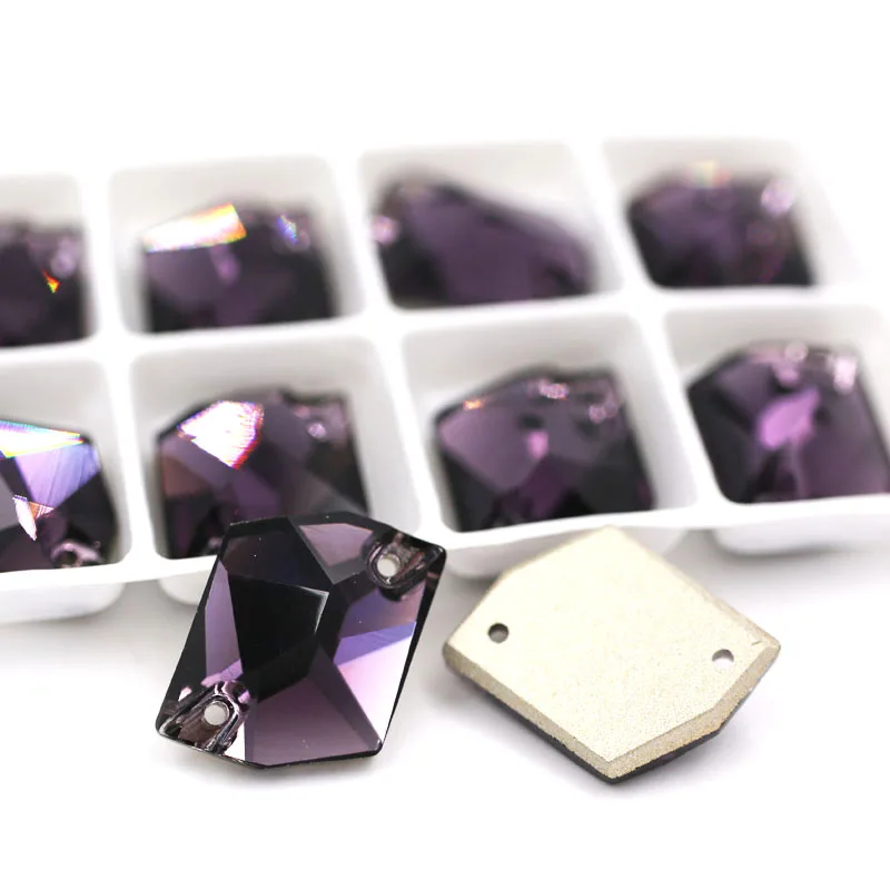 Purple Новинка, 13x17 мм, Шестигранная форма, мокко, двойное отверстие, стекло, кристалл, пришивные стразы с плоской задней стороной, для одежды, свадебные украшения - Цвет: Purple