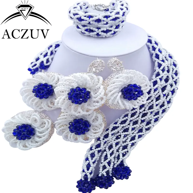 ACZUV Модный Королевский синий и белый кристалл ювелирный набор Африканские свадебные бусы нигерийское ожерелье большие серьги наборы C3F020