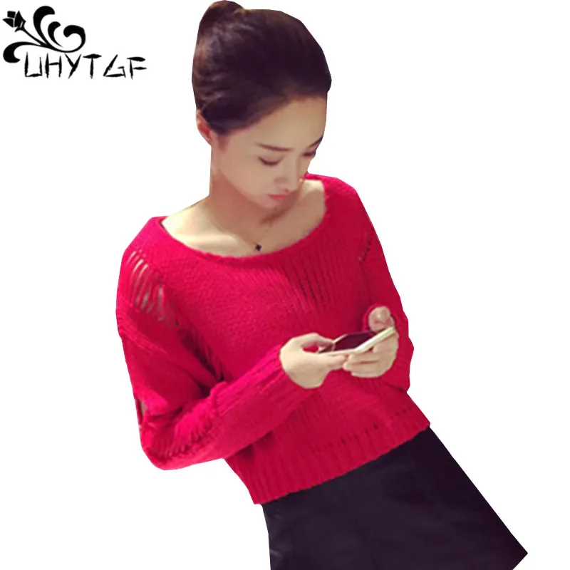 

UHYTGF Sueter Mujer Autumn Short Sweater Women Harajuku Hole Hollow Out Sexy Sweater Female Casual Sweater Knitting Pullover 555