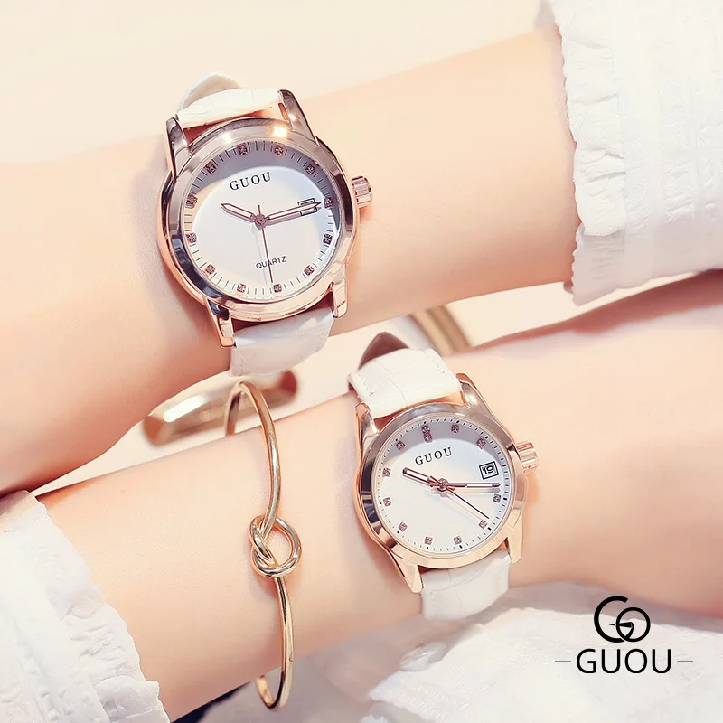 GUOU Brand Women's Quartz Bracelet Watches Bayan Kol Saati Beauty Fashion Accessories Wrist Watch Leather Belt Luxury Clock | Наручные
