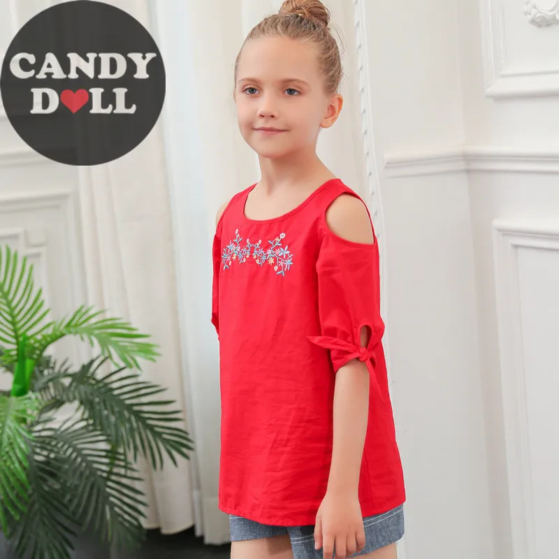 

Летняя новая блузка-пуловер для девочек, детская Простая рубашка без бретелек, хлопковые топы с вышивкой, рубашка, одежда для девочек от 3 до ...