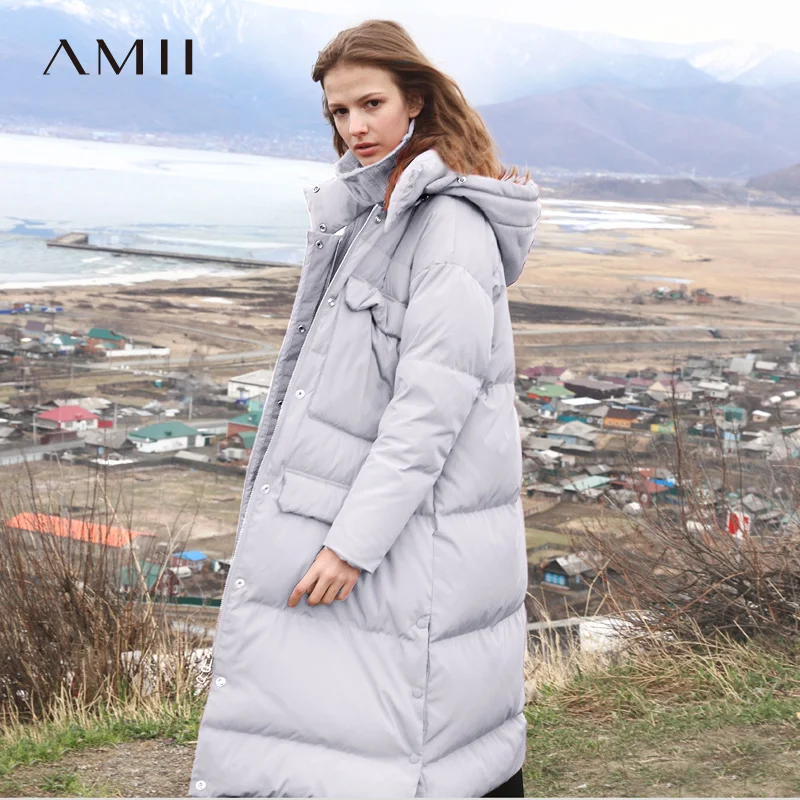 Amii, минималистичный женский длинный пуховик, зима, Повседневный, Одноцветный, с карманами, толстый, теплый, 90%, белый утиный пух, женский пуховик с капюшоном