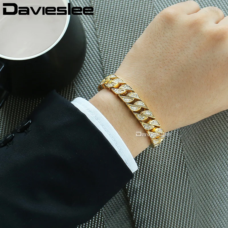 Miami Necklace Bracelet Jewelry Set for Men Gold 316L Stainless Steel Cubic Zirconia CZ Chain 12mm LHS60 | Украшения и аксессуары