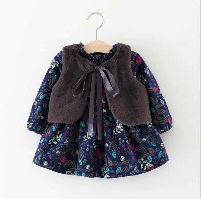 Navy Blue Зимний флисовый жилет из искусственного меха для маленьких девочек, жилет+ винтажное платье принцессы с длинными рукавами, Vestido, комплект одежды - Цвет: Navy Blue