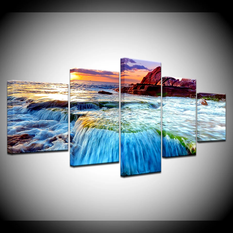 

Removable sea sunset seascape 5 Piece Canvas Wallpapers modern Poster Modular art painting for Living Room Home Decor