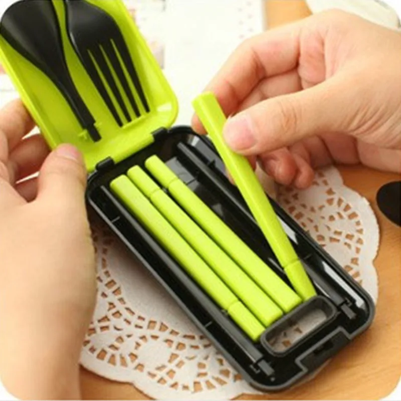 Three-Piece Portable Tableware Sets With Folding Combination Fork Chopsticks Bento Lunch Box Kitchen Tools + Spoon | Дом и сад