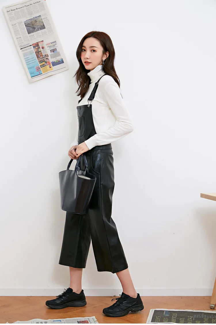 Женский комбинезон из ПУ кожи Длинный Облегающий с широкими штанинами в стиле