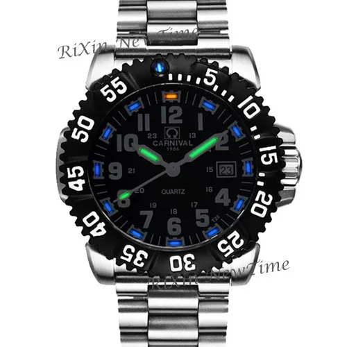 Silver black steel Топ бренд класса люкс Тритий Светящиеся кварцевые часы для мужчин водонепроницаемые спортивные мужские часы полностью стальные часы тритий светильник uhren damen saat - Цвет: Silver black steel