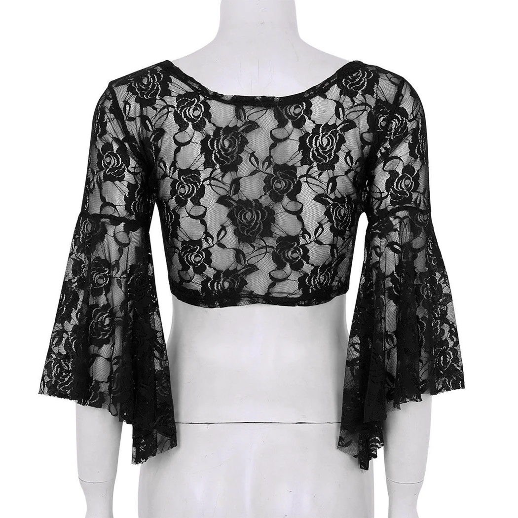 Женский короткий топ с прозрачным кружевом блузка из сетчатой ткани цветочным