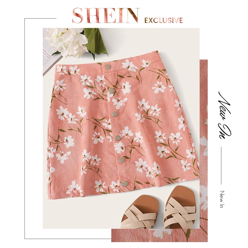 SHEIN юбка с цветочным принтом и пуговицами спереди, Boho, трапециевидная Осенняя Бархатная мини-юбка средней посадки, розовая женская простая короткая юбка