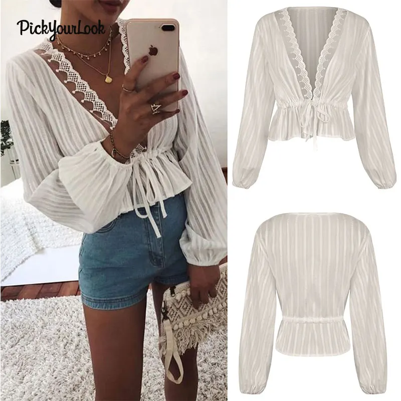 PickYourLook Женская Кружевная блуза с длинным рукавом рубашка v образным вырезом