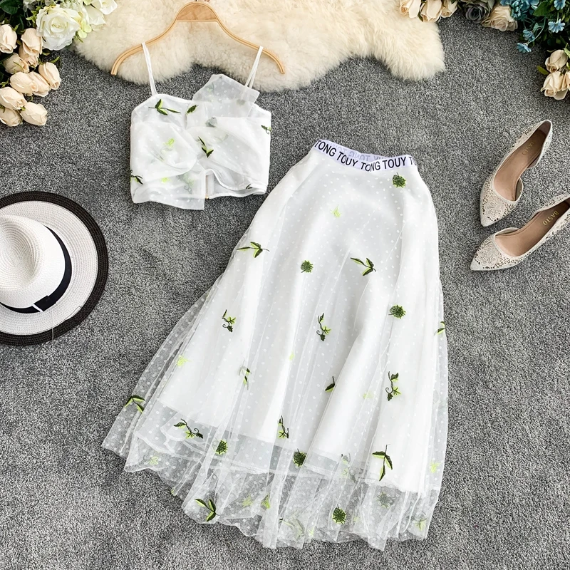 Женский сетчатый жилет с цветочной вышивкой комплект из двух предметов 2019 |