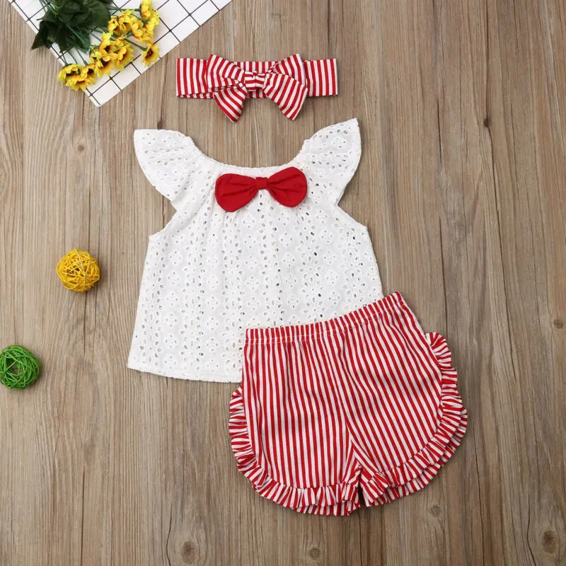 Комплекты одежды для маленьких девочек летние полосатые футболки с бантом и