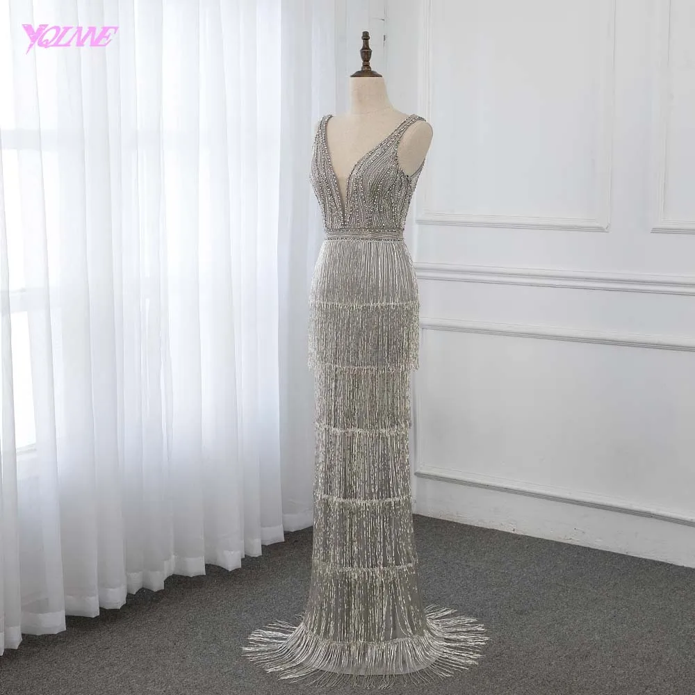 Женское вечернее платье-русалка длинное серебристое платье без рукавов с