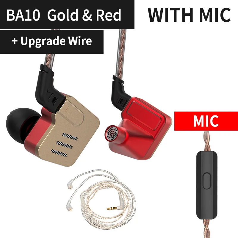 Gold with mic silver KZ BA10 5BA гибридные наушники-вкладыши металлические наушники Monito спортивные bluetooth наушники HIFI DJ гарнитура вкладыши AS10 ZST ZS10 - Цвет: Gold with mic silver