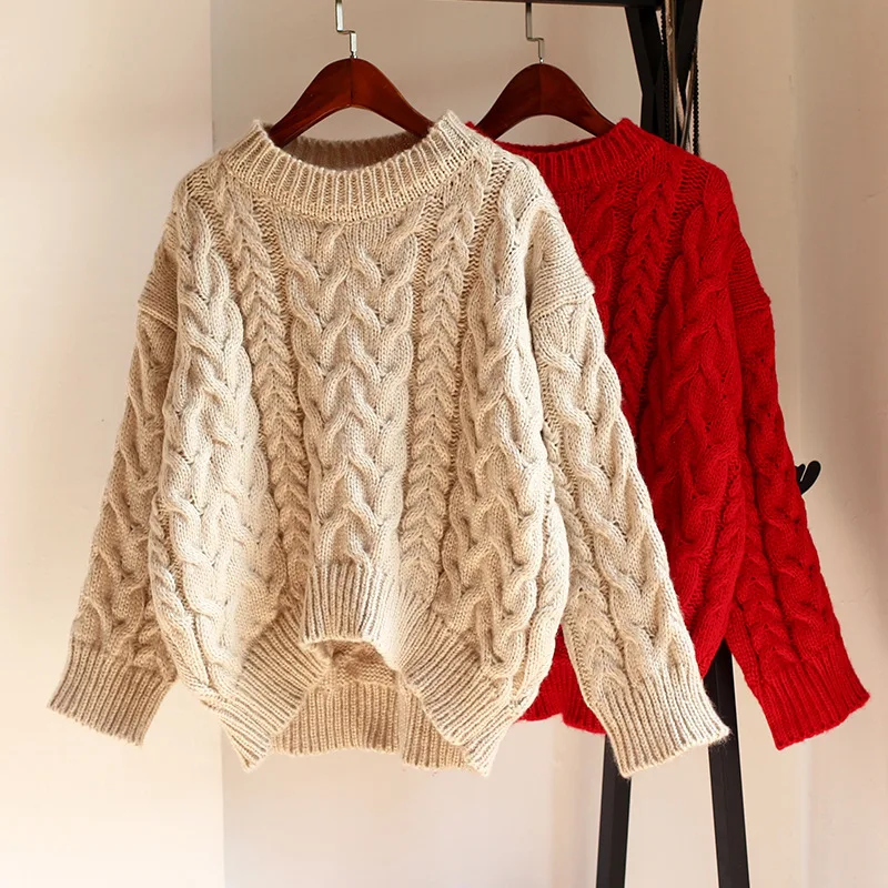 OMCHION Pull Femme 2019 корейский Круглый вырез твист Плотный трикотаж шикарные свободные
