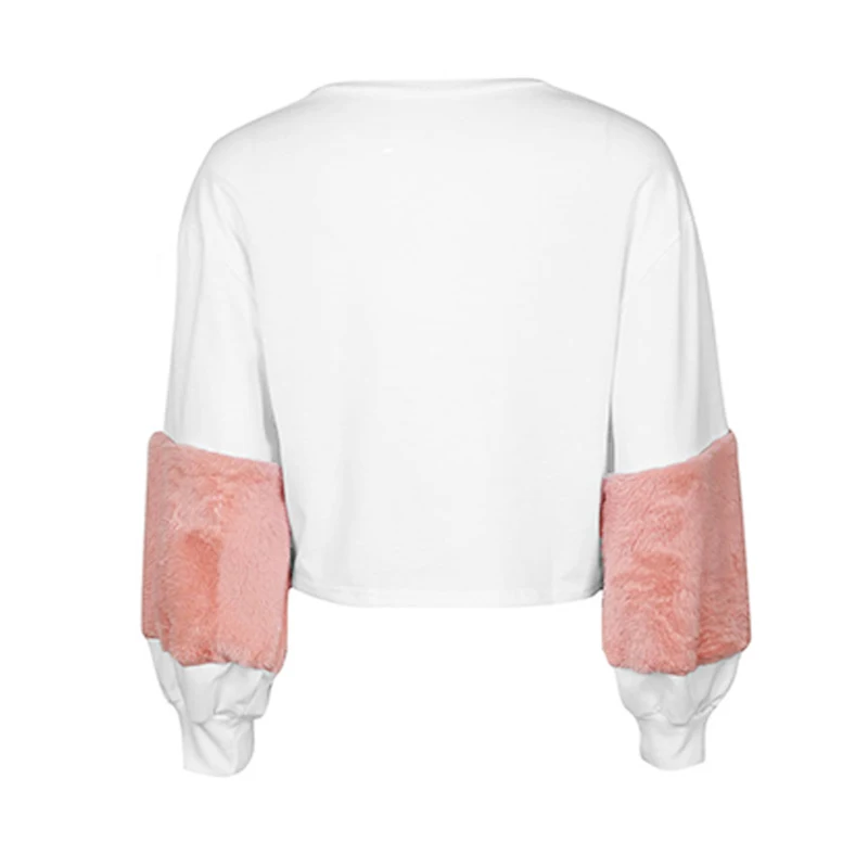 2017 Осень длинный рукав белый пуловер розовый искусственный мех Женский свитшот