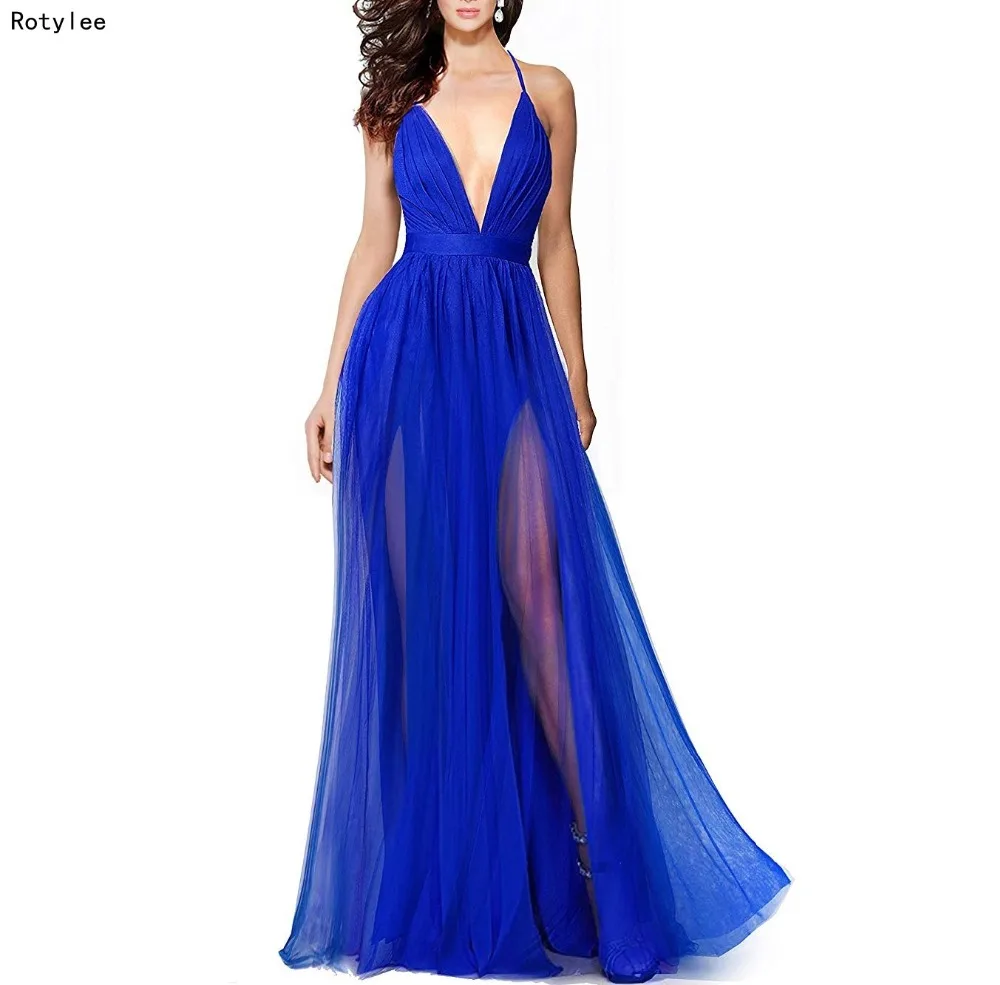 А-силуэт с v-образным вырезом королевские синие платья на выпускной спереди