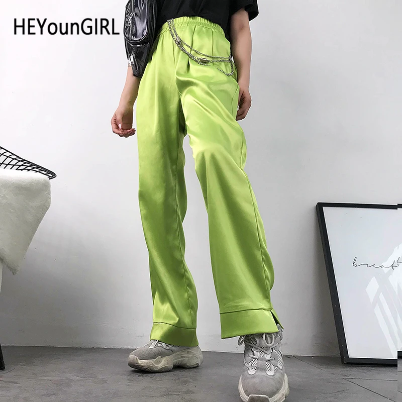 HEYounGIRL неоновые зеленые брюки с высокой талией Капри Harajuku повседневные Прямые женские брюки мешковатые атласные брюки Женские Карманы Уличная одежда