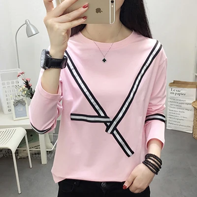 pink t shirt Shintimes, женская футболка с длинным рукавом, полосатая, осень, женская модная одежда, повседневная женская футболка, Femme Camiseta Mujer - Цвет: pink t shirt