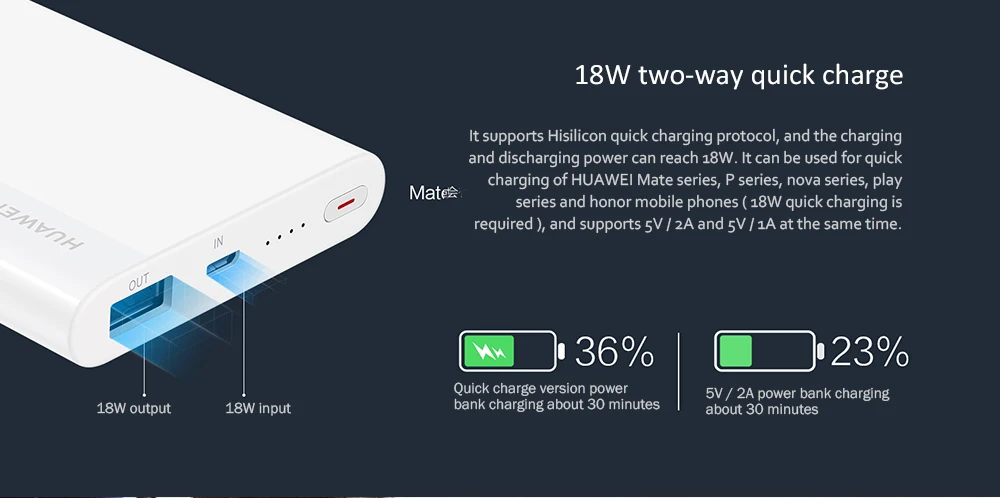 Huawei QuickCharge 10000 мАч Внешний аккумулятор Макс 18 Вт двухстороннее быстрое 9 В/2 а портативное быстрое зарядное устройство для iPhone samsung huawei