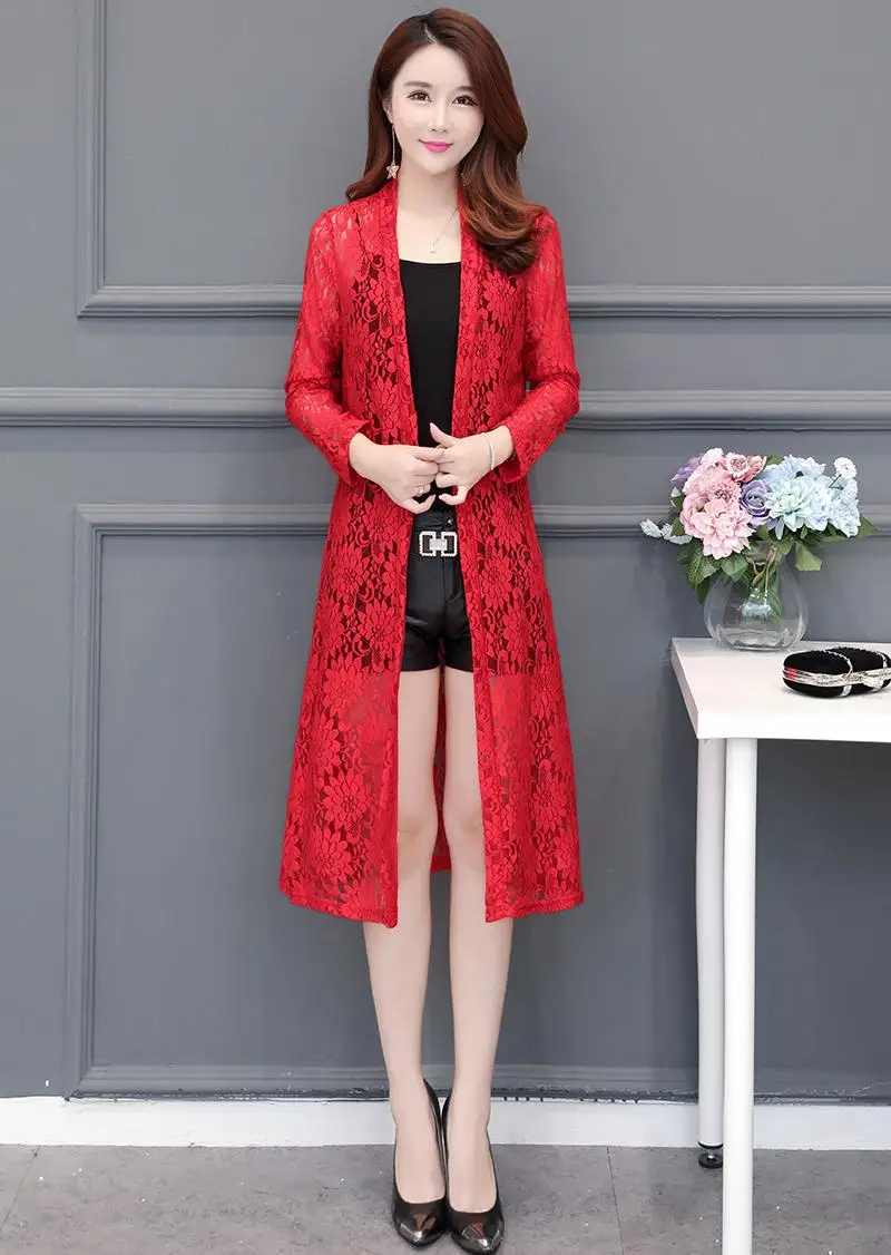 Модный кружевной кардиган Casaco Feminino, летняя Женская длинная куртка с длинным рукавом Meidum, большие размеры, пальто, верхняя одежда - Цвет: 4