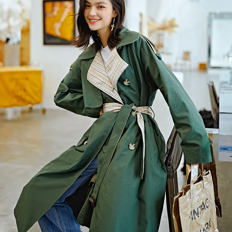 NANASTYLE 2018 осень мода длинный рукав Тренч отложной воротник Винтаж плед зеленый