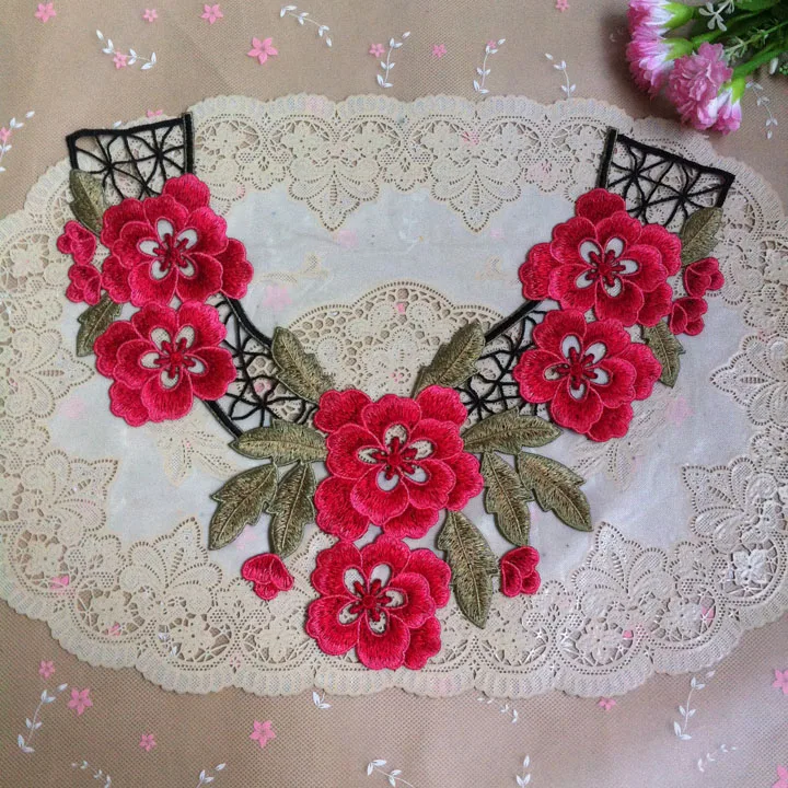 

5pcs Red Brown Peony Collar Lace Embroidered Lace Polyester Flower Lace Neckline Collar Applique Motif Lace Collar Patches