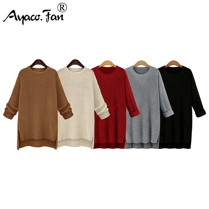 2019 Winter Midi Long Thick Sweaters for Women New Irregular O-Neck Cute Solid Knitted Pullovers Girls Lady Casual Split Sweater | Женская