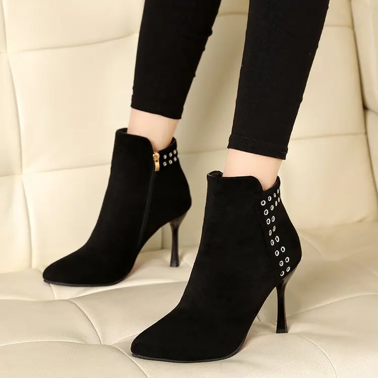 2019 новые зимние ботинки женские туфли из замши на высоких каблуках ботильоны для