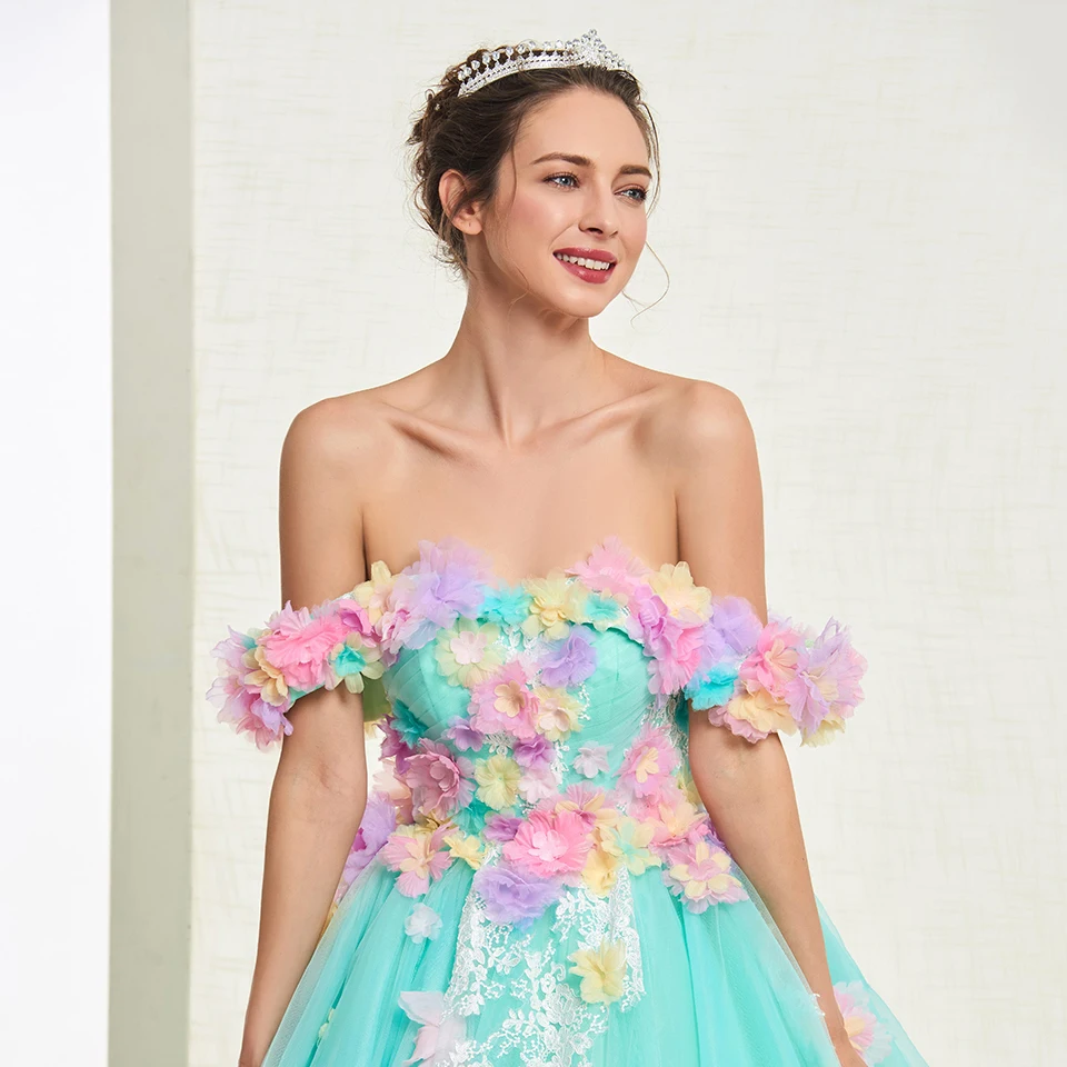 Платье голубого зеленое с аппликацией открытыми плечами Quinceanera платье принцессы